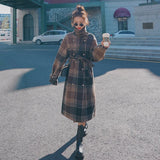 New Women Winter Coat Long Double-Breasted Plaid Overcoat Wool Blend Coat for Lady with Belt Female Outerwear Clothes