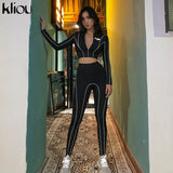 kliou women 2 pieces set fitness tracksuit long sleeve zipper crop top+leggings fashion reflective letters sportswear