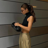 Woherb Summer New Slim Small Vest Vertical Grain High Collar Open Back Tight Top Direct Sales-Outfit