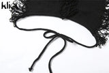 Kliou Halter Knitted Tanks Women Solid Sexy Deep V-Neck Lace Up Backless Tassel Skinny Crop Tops Streetwear Female