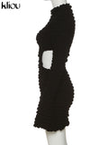 Kliou Stacked Hollow Out Mini Dress Women Fashion Stunning Long Sleeve Drawstring Undefined Skinny Skirt Attirewear Female