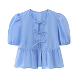 New Bubble Cuff Lace-Up Solid Color Short Blouse 1213835-Outfit