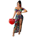 Piece Fashion Sexy Lace Up Print Top Drawstring Skirt