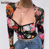 Floral Mesh Boat Neck Top Sexy Long Sleeve Crop Women Party Club Skinny Patchwork T-shirt Office Lady Vintage Top