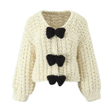 Bow Sweater Cardigan Jacket Languid Short Heavyweight Knitted Jersey