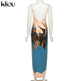 Kliou Aesthetic Print Camis Maxi Dress Women Loose Sleeveless V-Neck Cleavage Backless Casual Silky Sexy Party Midnight