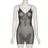 hirigin Women Rhinestone Glitter Sheer Mesh Dress Spaghetti Strap V Neck See Through Sequin Mini Dress Shiny Cover Up