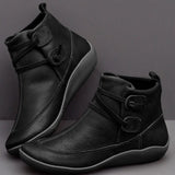 Winter Women Ankle Boots Retro Punk PU Leather Plush Snow Boots Casual Strap Slip-On Waterproof Flat Shoes Short