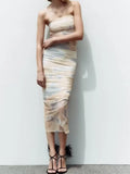 2023 Women Summer Skirts Fashion Print Elastic waist Pleated Mesh Fabric Knitting Mid-Calf Female Slim Sweet Skirt Cloth-Outfit