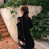 Winter New Half-Collar Mid-Length Knitted Dress Women Solid Sexy Mesh Stitching Off-Shoulder Long Sleeve Bow Dress