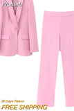 Women Elegant Pink Pocket 2 Piece Set Fashion Single Breasted Long Sleeve Coat High Waist Pants Suits Chic High Street Outfits-Outfit