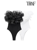 Women Fashion With Organza Ruffle Rib Knit Bodysuits Vintage Straight Neck Exposed Shoulders Female Playsuits Mujer-Outfit