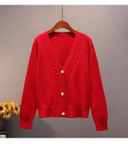 Cardigan Women Autumn New V Neck Pearl Single Breasted Loose Short Thicken Sweater Sweet Long Sleeve Knitted Top