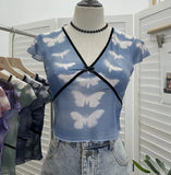 Sexy Hottie V-Neck Butterfly Print Short-Sleeved T-Shirt Slime Short-Navel Net T-Shirt Girl