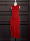 Women Bodycon Dresses Sleeveless Side Ruffles Slim O Neck Red Sexy Party Fashion Sheath Big Size XXL Female Vestidos Robes
