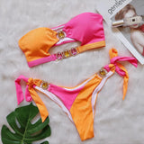 Woherb Sexy Crystal Diamond Bikini Detachable Breast Pad Swimsuit Patchwork Strapless Strap Split