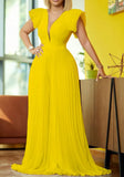 Formal V-neck Short Sleeves Solid Pleated A-line Evening