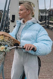Winter Casual Blue Stand Collar Long Sleeve Short Padding