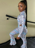 Sexy Newspaper Printed Round Neck Long Sleeve Tight Bodysuit and Flare Pants Set 2 Piece
