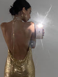 Gold Sequins Diamonds Sexy Night Party Dress Women Sleeveless Halter Backless Mini Dresses Femme Clubwear V-Neck