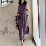 Vintage Sleeveless Purple Dress for Women Summer O-neck Slim Waist Lace-up Vestidos Split Elegant Ladies Dress 2020-Outfit