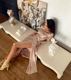 Elegant Vintage Women Dress Silk Split Autumn Party Long Sleeve Satin Ankle Length Midi Dress 2020 Casual Fit And