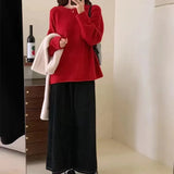 Woherb New 2023 Autumn And Winter Of 2023 Korean Curly Edge Casual Simple Pure Color Round Collar Sweater Women's Fashion Versatile Knit Top-Outfit