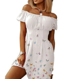 Women Elegant Fashion Vacation Casual Mini Dress Female Leisure Stylish Off Shoulder Button Design Ruched Butterfly Print