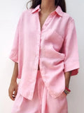 2023 Women Summer Linen Shirts Blouses Tops Fashion Loose Solid Pocket 3/4 Sleeve Female Elegant Street Top Clothing-Outfit