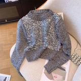 for Women 2023 Autumn Winter New Fashion Sequin Long Sleeve O Neck Short Pullover Chic Casual Knitted Vintage Jumpers-Outfit