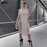 Kliou Knitted Dress Women Sexy See Through X-Long Hoody Tops+One Shoulder Drawstring Ruched Robe Skirt Hipster Future