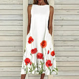 Elegant Dress Summer Floral Print Sleeveless Long Dresses Fashion Round Neck A-Line Pocket Female Dress Plus Size