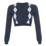 Women's y2k Cardigan Harajuku Vintage V-neck Argyle Plaid Cardigans Crop Top Single-breasted Sweaters 2020