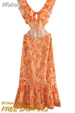 Women Sexy Hollow Out Printe Tierred Midi Dress Fashion U-necked Off Back Sleeveless Vestido 2023 Summer Lady Holiday Chic Robes-Outfit