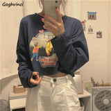Women Long Sleeve Fashion Cartoon Printed T-shirts Sexy Short O-neck Korean Style Tops Ladies Streetwear Ins All-match Chic Cute-Outfit