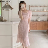 Chic Korean Fashion Women Temperament Office Lady Elegant Work Basic Wear Solid Vintage Flower Long Dress Fenimine