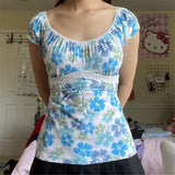 y2k E Girl T-Shirts Cute Women Sweet Lace Floral Print Short Sleeve Top Kawaii Fairycore Clothes Streetwear