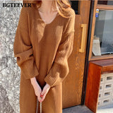 Casual V-neck Side Split Knitted Dress for Women Autumn Winter Dress Casual Loose Warm Sweater Vestidos Femme 2020-Outfit