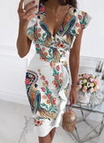 Print Deep V Neck Ruffles Short Sleeve Midi