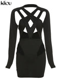 Kliou Sexy Hollow Out Mini Dress Women Solid Unique Design Long Sleeve Backless Body-Shaping Cleavage Hip Skirt Female