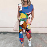Casual Tie-dye Print 2 Piece Set O Neck Short Sleeve Tops And Drawstring Lace Up Long Pant Summer Sport Loose Female