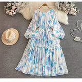 New Gentle Style Temperament Long-Sleeved Round Recipient Waist Thin Print Chiffon Big Swing Long Dress