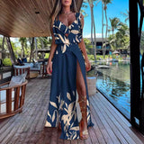 Hot Style Summer Sleeveless V-Neck Print Hem Slit Dress Woman-Outfit