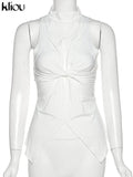 Kliou Ribbed Hollow Out Tops Women Sexy Solid Mock Neck Sleeveless Undefined Cleavage Skinny T-shirt Streetwear Female