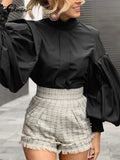 Women Big Lantern Sleeve Shirt Elegant Street Party Blouse 2022 Fashion Stand Collar Casual Loose Blusas Solid Tunic