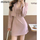 Winter Pink Two Piece Dress Set Women Short Blazer Coat+Strap Dress Set Female Casual Korean Fashion Slim Elegant Dress Set-Outfit