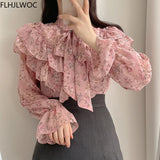 Vintage Solid Shirts Long Sleeve Single Breasted Button Cute Sweet Bow Tie Women Korea Japan Style Ruffled Chic Pink Tops