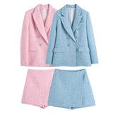 Spring Plaid Textured Double-Breasted Suit Coat Textured Skirt Suit-Outfit