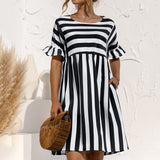 Summer Dress Fashion Striped Print Ruffles Sleeves Loose Dresses Elegant O Neck Plus Size Party Female Mini Dress