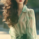 Elegant Exquisite Beauty Green Collar Long-Sleeved Shirt Women Spring And Autumn Yangqi Small Sun Protection